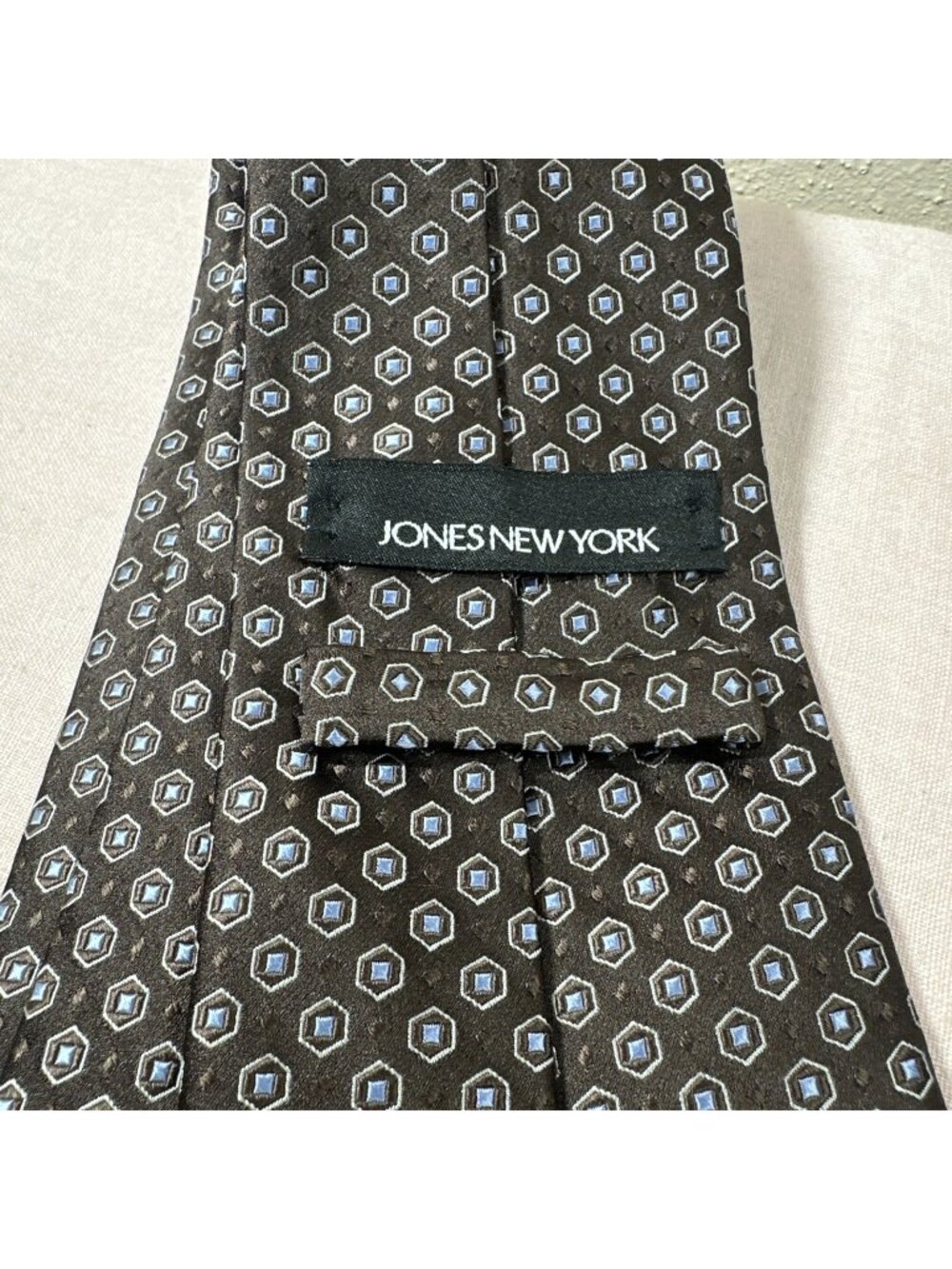 Jones New York 100% Silk Geometric Tie Brown Tan Blue